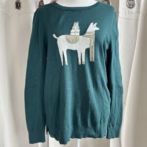 LOFT Womens Llama Sweater Large Cotton Pullover Green Holiday Cozy 19934
